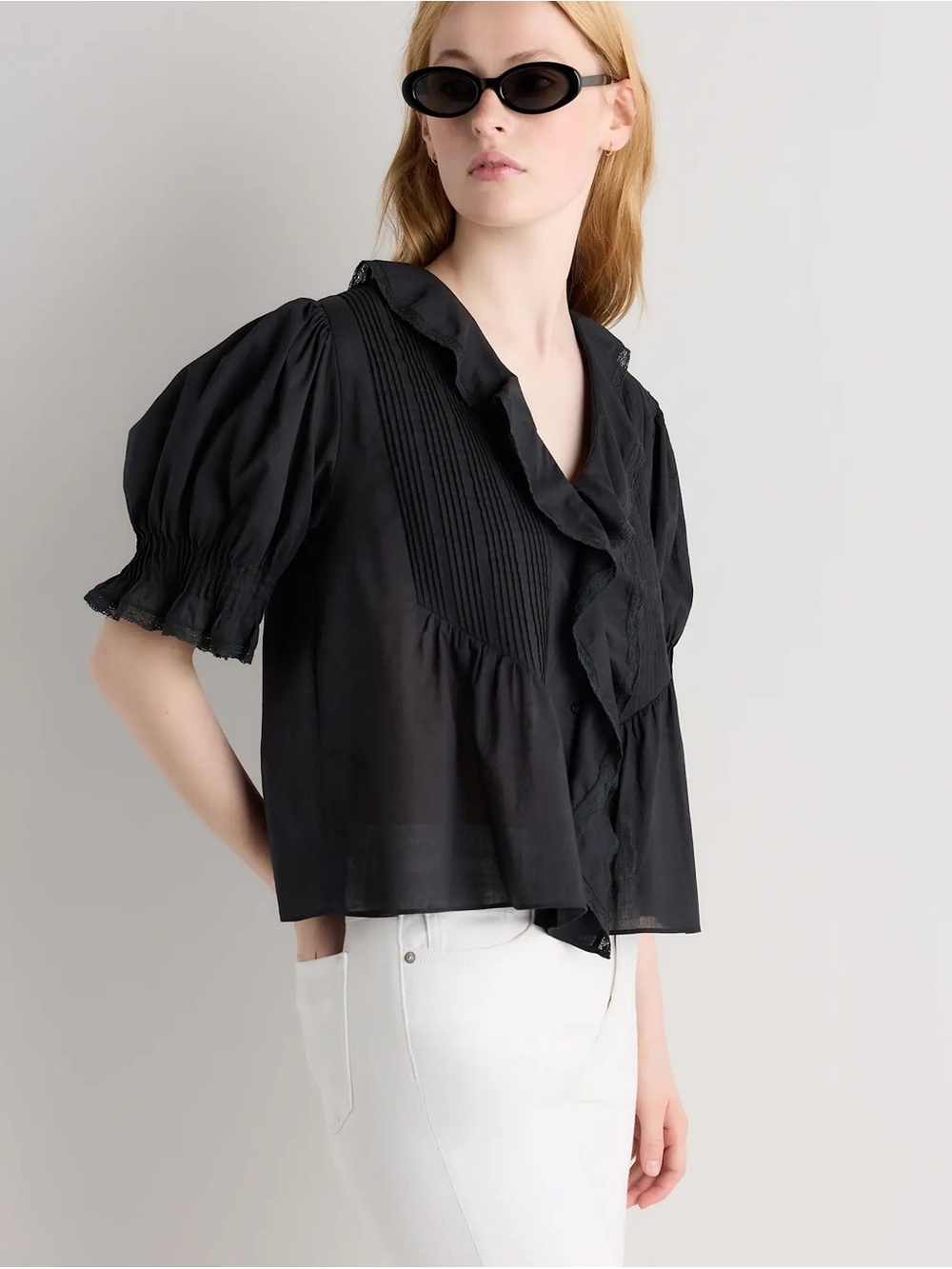 Quince Black Ruffled Short-Sleeve Blouse - Picture 3 of 6